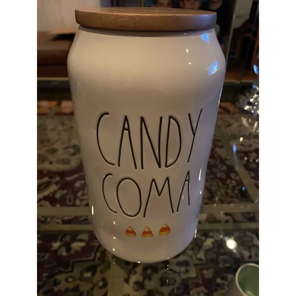 Rae Dunn Halloween Candy Coma Candy Corn Ceramic Canister with Wood Lid NEW